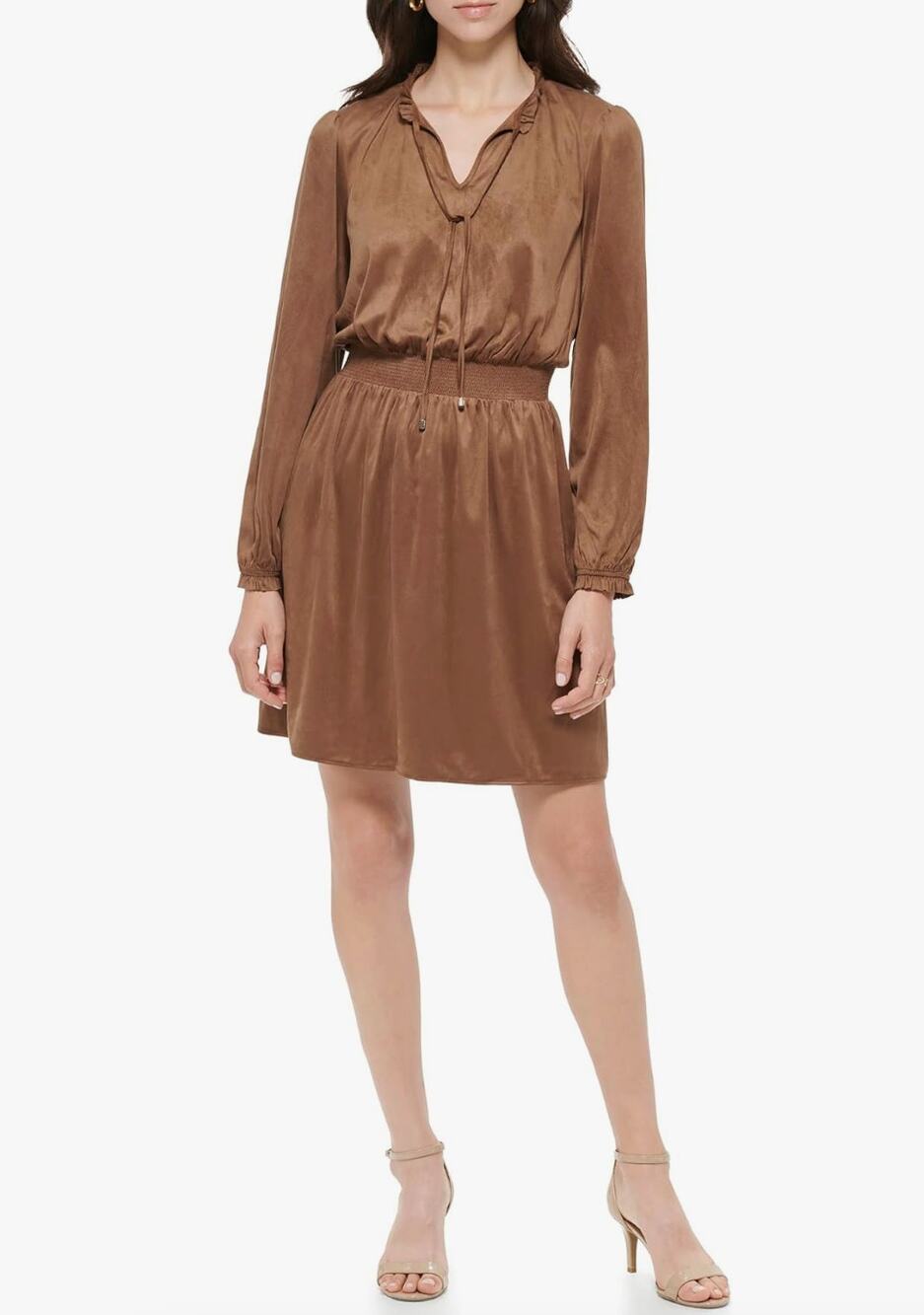 Tommy Hilfiger Fit & Flare Faux Suede Long Sleeve Dress Brown Sz 14 Knee Length